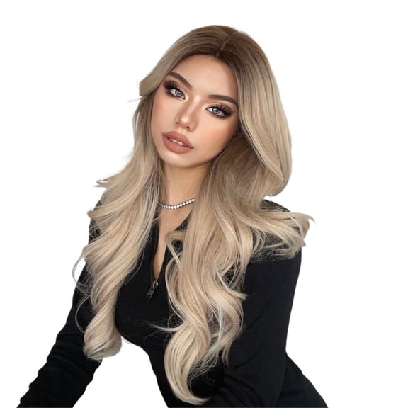 Long Wavy Ombre Brown Platinum Blonde Synthetic Wigs for Women Heat Resistant Natural Cosplay Party