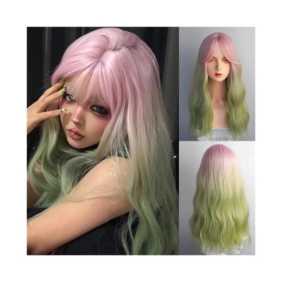 Long Wavy Pink Ombre Green Synthetic Wig Middle Part Fluffy Women Cosplay Wig