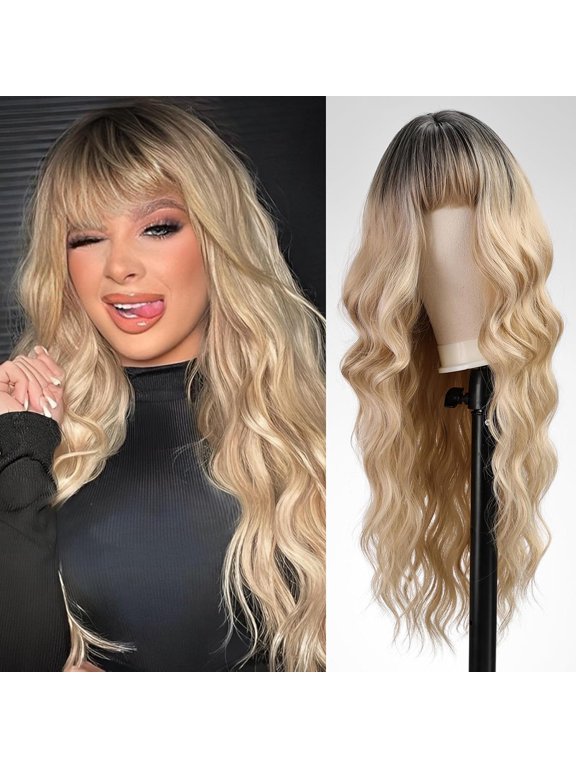 Long Wavy Synthetic Wig for Women, Special Event Styling, Synthetic Fiber Construction, Wavy Texture, Fringe, a wearable hairpiece for daily wear and special event styling and outfit changes