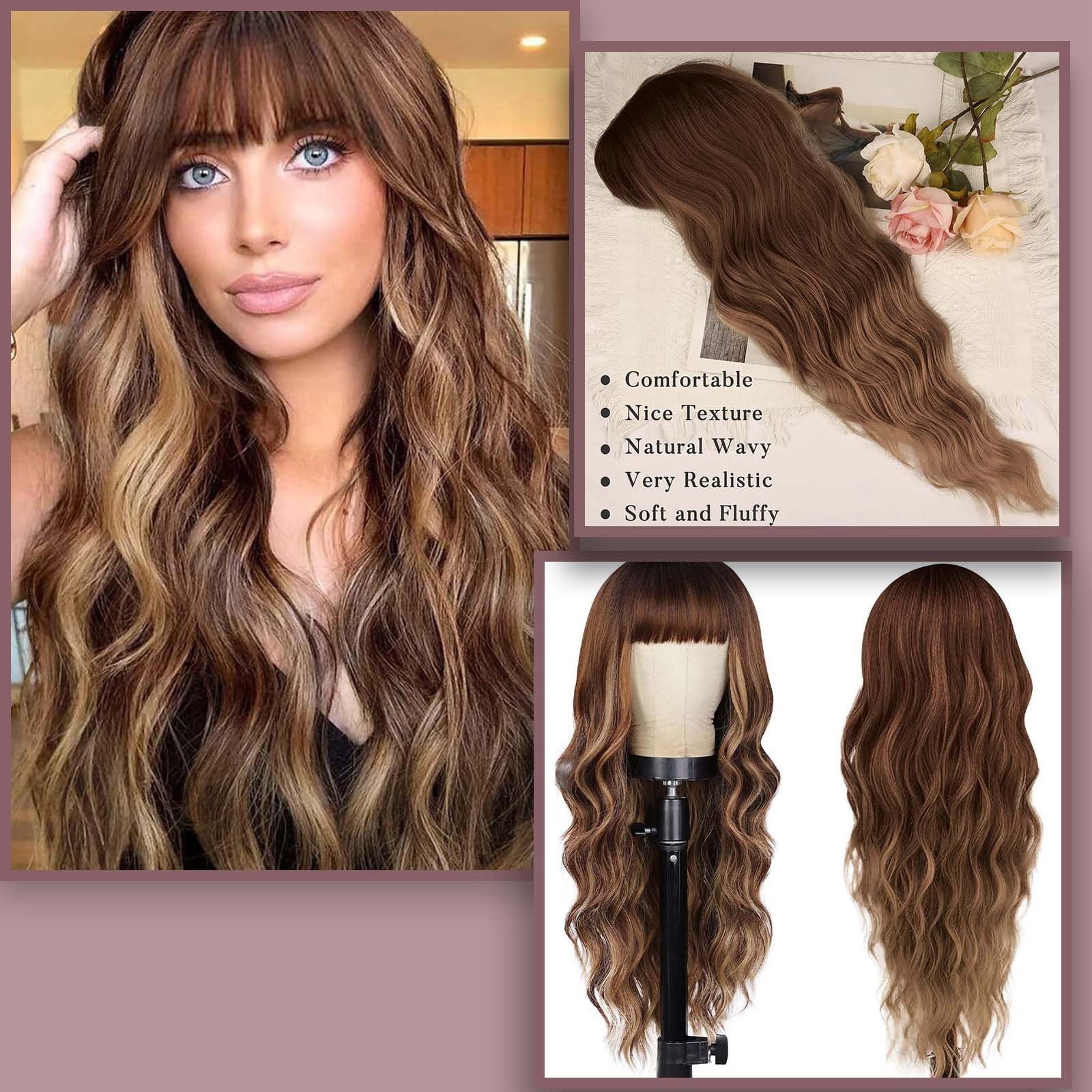 Long Wavy Wig with Bangs for Women, Brown Highlight Synthetic Wig with Dark Roots, Heat Resistant Wigs for Daily Party Use(Brown,One Size)