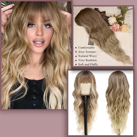 Long Wavy Wig with Bangs for Women, Brown Highlight Synthetic Wig with Dark Roots, Heat Resistant Wigs for Daily Party Use(Gold,One Size)