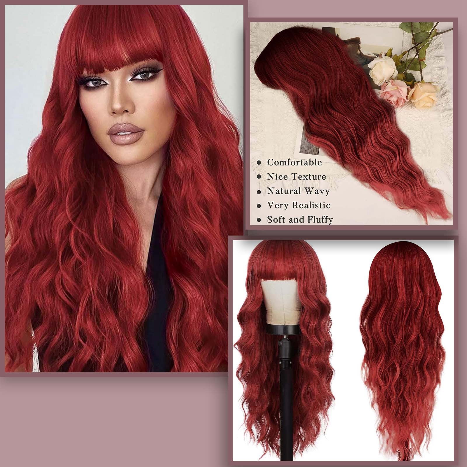 Long Wavy Wig with Bangs for Women, Brown Highlight Synthetic Wig with Dark Roots, Heat Resistant Wigs for Daily Party Use(Red,One Size)