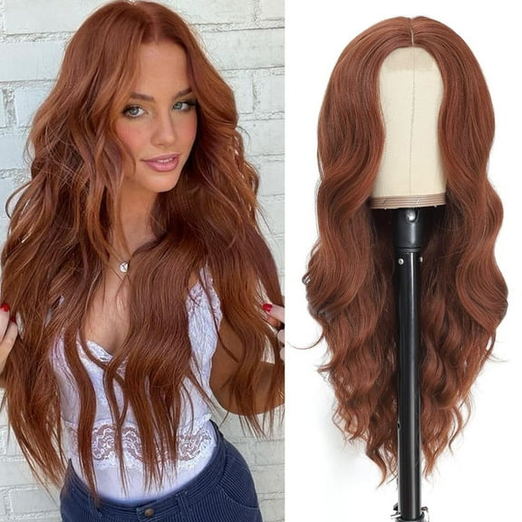 Long Wavy Wigs 26in, Jademall Auburn Wig for Women Synthetic Curly Hair Wigs Middle Part Heat Resistant Fibre for Daily Party Dance - Auburn Color