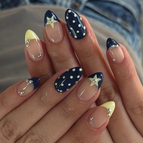 Long Wear French Manicure Nails Blue Yellow Geometric Stars Detail Break Resistant ABS For Bride Holiday