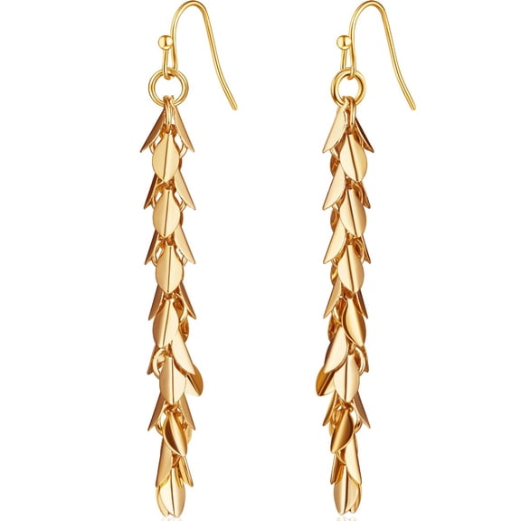 Long Wheat Dangle Earrings for Women - Boho Dangly Leaf Tassel Earrings in Gold or Silver Tone