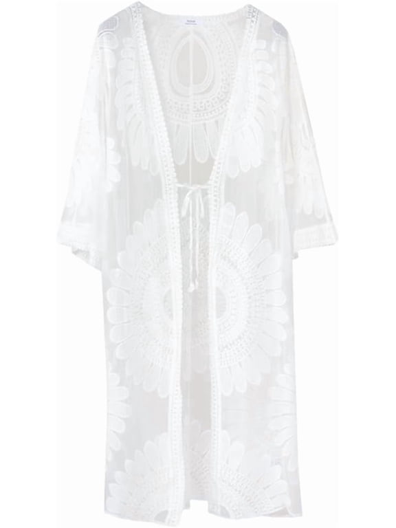 Long White Lightweight Summer Cardigan 2025 Sheer Lace Mesh Crochet Boho Open Front Cover Up Swimsuit Swimwear Bathing Suit Dress Embroidery Floral Cardigans for Women Beach Vacation Bikini