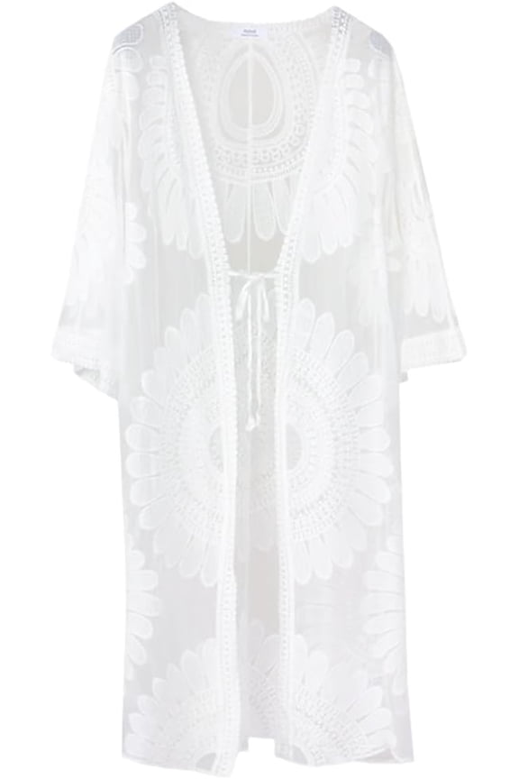 Long White Lightweight Summer Cardigan 2025 Sheer Lace Mesh Crochet Boho Open Front Cover Up Swimsuit Swimwear Bathing Suit Dress Embroidery Floral Cardigans for Women Beach Vacation Bikini