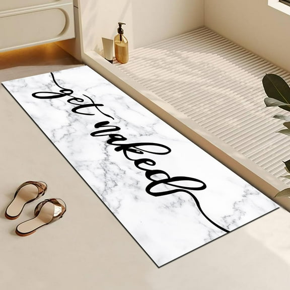 Long White Marble Bathroom Rug,Funny Quick Dry Absorbent Get Naked Bath Mat Runner,Rubber Non-Slip Thin fit Under Door Bathroom Runner Rug Diatomite Stone Bath Mat