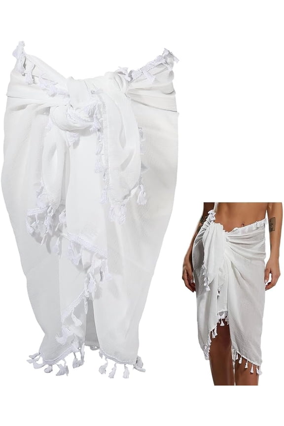 Long White Tassel Sarong Beach Cover Up Pareo Swimsuit Mesh Scarf Coverup Fashion Rectangle Shawl Summer Bikini Sexy Bathing Suit Wrap Bottom Coverups Shawls for Women Skirt Accessories