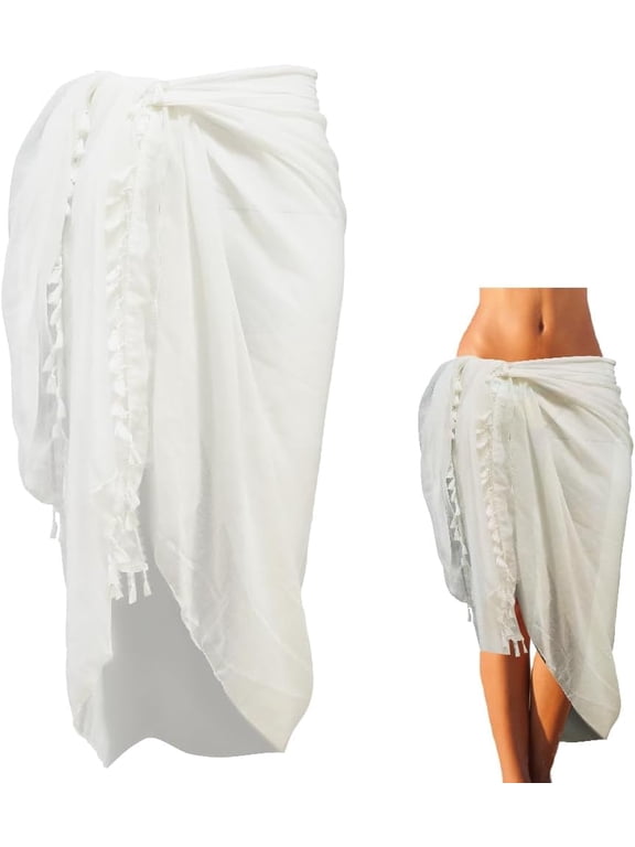 Long White Tassel Sarong Beach Cover Up Pareo Swimsuit Mesh Sheer Scarf Coverup Fashion Rectangle Cotton Suit Wrap Bottom Coverups Shawls for Women Skirt Accessory White DIY