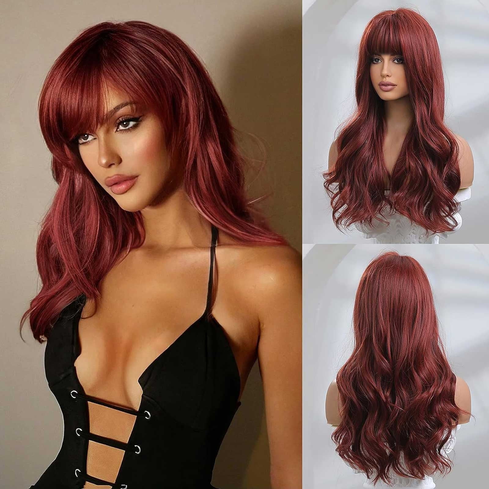Long Red Lace Front Wig for Women, Middle Part Wavy Colored Wig with Highlight Cap, Heat Resistant Synthetic Wig(Red-1,One Size)
