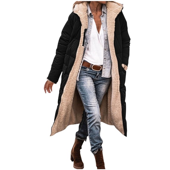 Long Winter Coats For Women Warm Oversized Reversible Fleece Puffer Shearling Down Jackets Outerwear With Hood