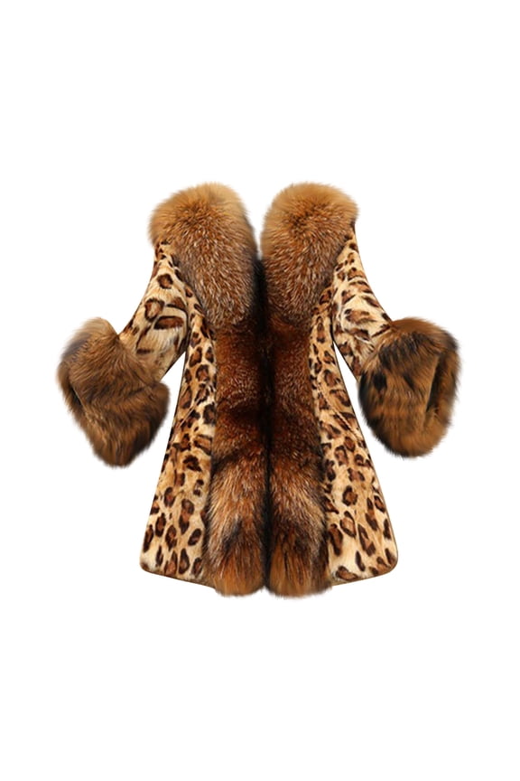 Long Winter Coats For Women With Hood, Women Faux Furs Collar Classic Leopard Medium Long Winter Coat Jacket