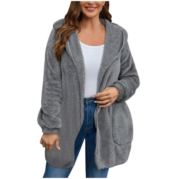 Womens Outwear Plus Size, Solid Winter Faux Coats Long Sleeve Hoddede Pockets Fleece Jacket Casual Trendy Outerwear