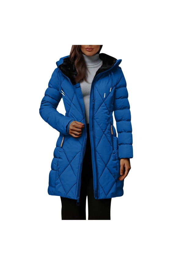 Long Winter Coats for Women Windproof Fleece Lined Warm Puffer Jacket Thickened Hooded Outwear with Pocket New Windbreaker Jacket Women Plus Size Blue S