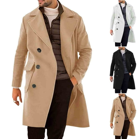 Long Winter Coats for Men Double Breasted Slim Fit Peacoat Notched Lapel Winter Business Overcoat