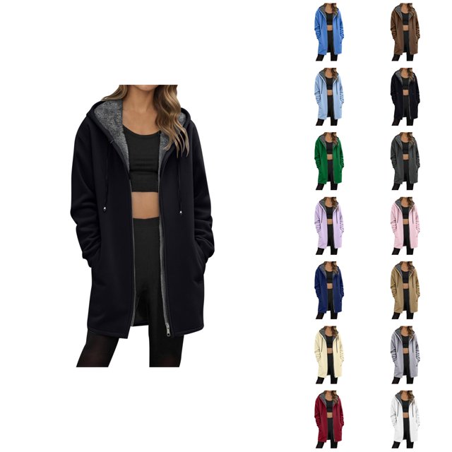 Long Winter Coats for Women 2025 Long Sleeve Fleece Lined Plain Zip Up Hooded Jacket with Pockets Outerwear