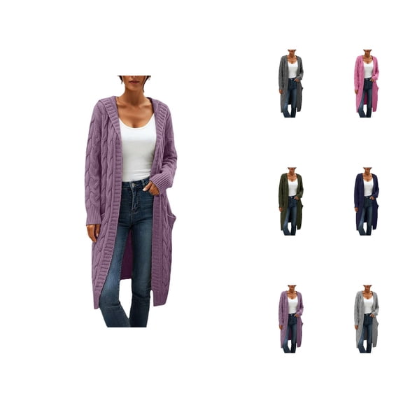 Long Winter Coats for Women 2025 Long Sleeve Open Front Cable Knit Hooded Jacket with Pockets Cardigan Sweater