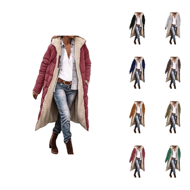 Long Winter Coats for Women Long Sleeve Warm Fleece Lined Zip Up Hooded Jacket with Pockets Parka Outerwear