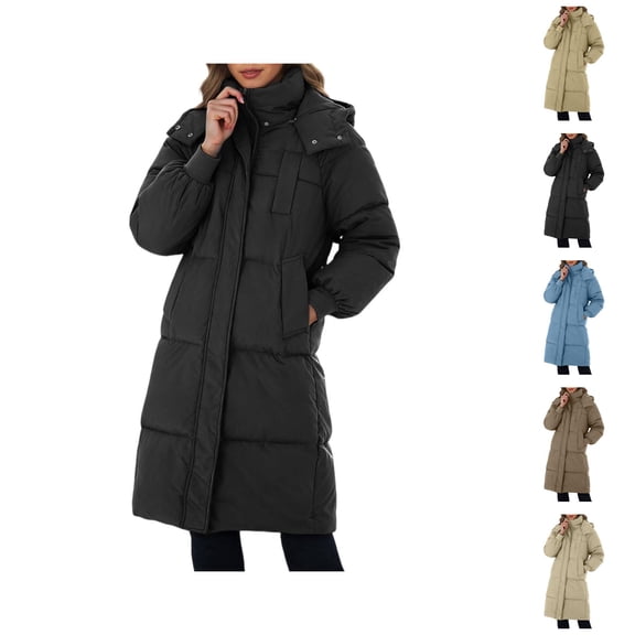 Long Winter Coats for Women Long Sleeve Warm Thick Plain Casual Zip Up Hooded Jacket with Pockets Parka Outerwear