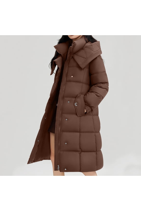 Long Winter Quilted Coat for Women Warm Padded Jackets with Hood over the Knee Thicken Outerwear Parkas Brown 3XL