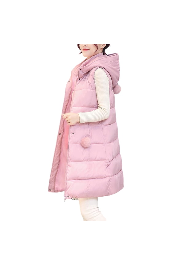 Long Winter Vest for Women Cotton Jacket Hood Sleeveless Pink Cute Vests Outerwear for Spring Fall Winter (M, Pink)