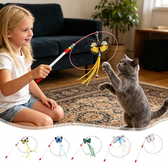 Long Wire Butterfly Cat Wand Teaser Toy with Bell & Streamer, 360° Rotatable Interactive Fishing Pole, Cat Exercise Play Toy for Indoor Kittens Adult Cats Relieve Boredom & Burn Energy, Light Blue