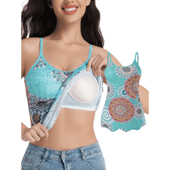 Long Women's Camisole with Built in Bra Tank Tops Womens Print Tank-Neck Basic  Tank Tops For Women Basic Tank Tops For Women