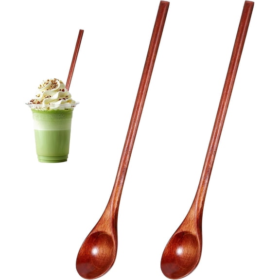 Long Wooden Spoon, 2 Pcs 7.8 Inch Nanmu Wooden Spoons for Eating Long Coffee Spoons Wood Teaspoon with Long Handle for Coffee Eating Stirring Cooking Kitchen Bar Restaurant Jars Tea and Spice