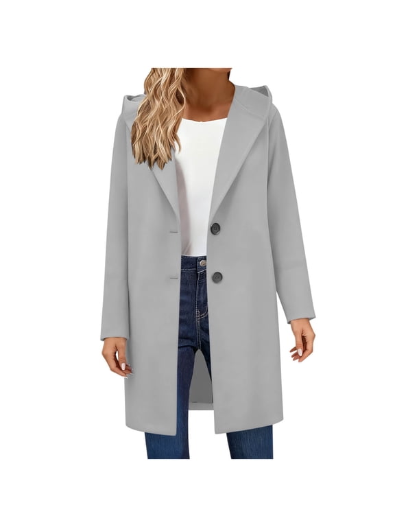 Long Wool Blend Coat for Women Dressy Casual Overcoat Winter Hooded Jacket Single Breasted Mid Length Trench Coat (M, White)