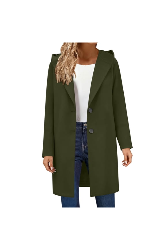 Long Wool Blend Coat for Women Dressy Casual Overcoat Winter Hooded Jacket Single Breasted Mid Length Trench Coat (S, Green)