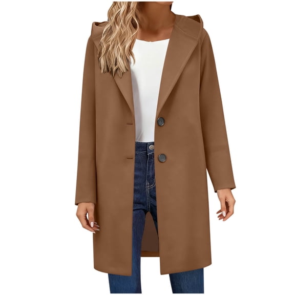 Long Wool Blend Coat for Women Dressy Casual Overcoat Winter Hooded Jacket Single Breasted Mid Length Trench Coat (XL, Coffee)