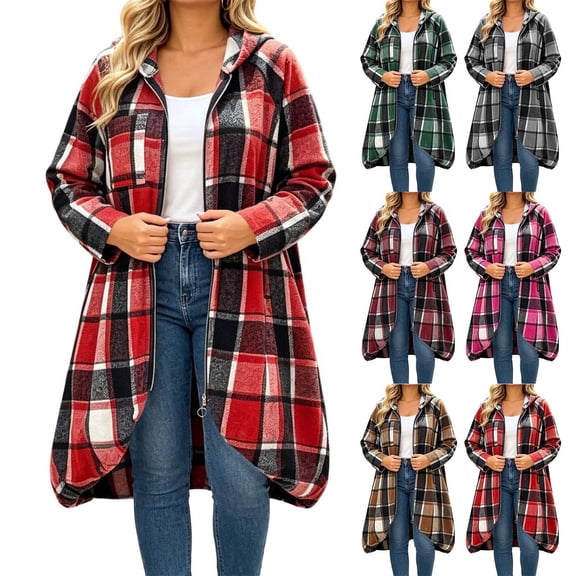 Long Wool Blend Coats for Women Plaid Curved Hem Zip Up Jackets with Hood & Pocket Windbreaker Warm Loose Casual Coats