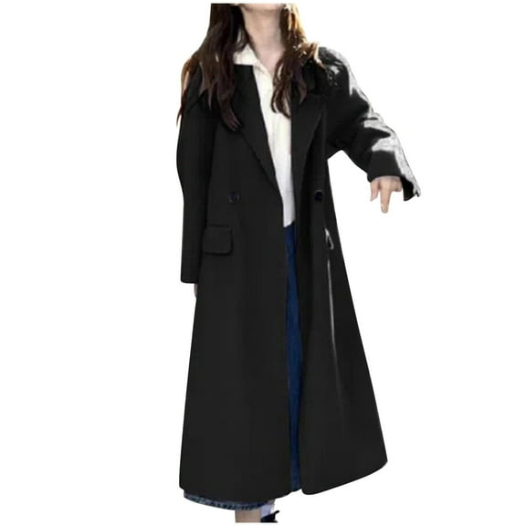 Long Wool Blend Trench Coat for Women Dressy Casual Notch Lapel Mid Length Overcoat Double Breasted Jackets S-3X (3X-Large, Black)