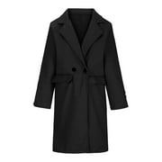 Long Wool Blend Trench Coat for Women Dressy Casual Notch Lapel Mid Length Overcoat Double Breasted Jackets S-3X Large, Black