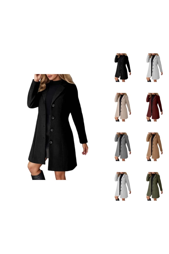 Long Wool Coat for Women Long Sleeve Notch Collar Single Slim Fit Open Front Jacket Work Office Cardigan