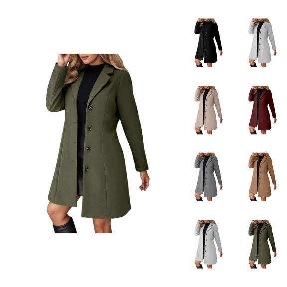 Long Wool Coat for Women Long Sleeve Notch Collar Single Slim Fit Open Front Jacket Work Office Cardigan