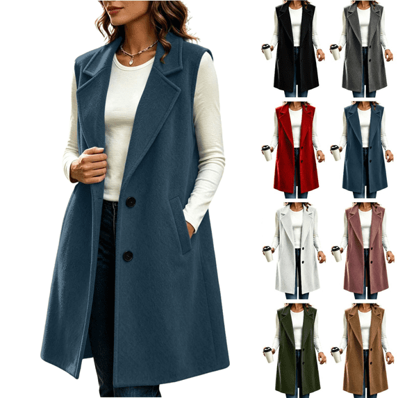 Long Wool Vest Coat for Women Sleeveless Single Breasted Blazer Jacket Lightweight Notched Lapel Collar Waistcoat with Pockets Fall Winter Warm Cozy Outerwear Business Casual Work Wear