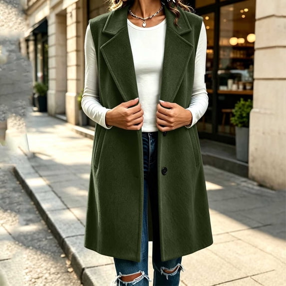 Long Wool Vest Coat for Women Sleeveless Single Breasted Blazer Jacket Lightweight Notched Lapel Collar Waistcoat with Pockets Fall Winter Warm Cozy Outerwear Business Casual Work Wear