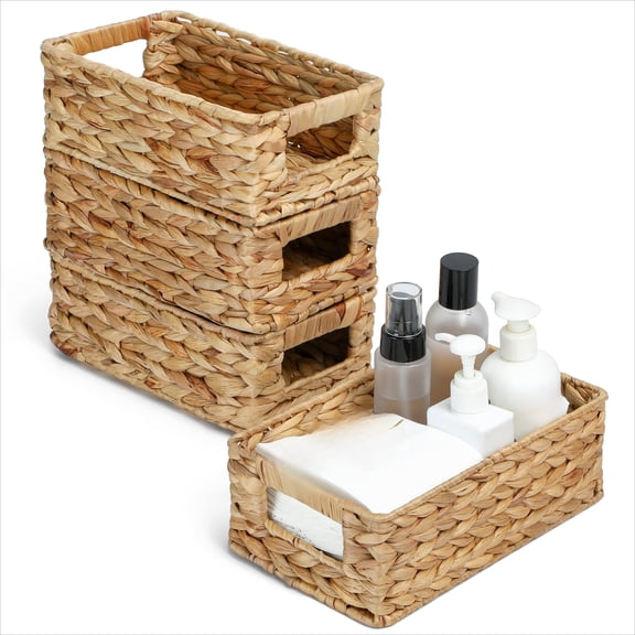 Long Woven Pantry Organizers and Storage Basket, Decorative Ratten Shallow Rectangle Baskets for Organizing Countertop Kitchen