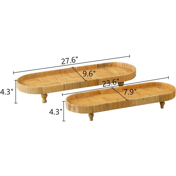 Long Woven Tray Set of 2 with Footed Legs, Decorative Oval Trays, Large Natural Rattan Serving Tray, Kitchen Counter Decor, Dining Table Accessories, Boho Food Trays