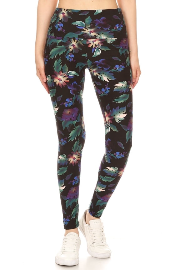 Long Yoga Style Banded Lined Floral Printed Knit Legging With High Waist Multi