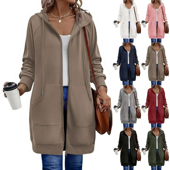 Long Zip Up Hoodie Women Oversized Zip Up Knee Length Tunic Sweatshirts Fall Casual Long Sleeve Hooded Jackets with Pockets 2025 Winter Option White 2XL