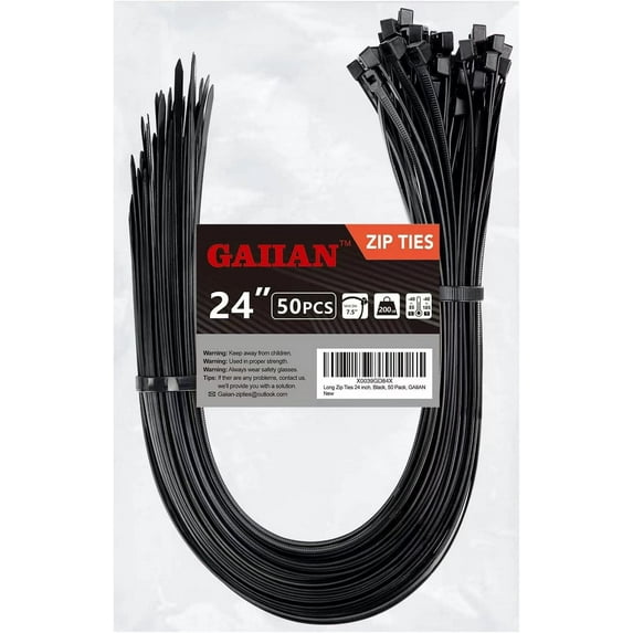 Long Zip Ties Heavy Duty 24 inch, Large with 200 lbs Tensile Strength, Big Cable Ties, , 50 Pack, by