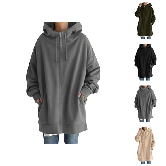 Long Zip Up Hoodie Jacket for Women Fall Winter Long Sleeve Plain Hooded Sweatshirt Jacket with Pockets Coat Outerwear