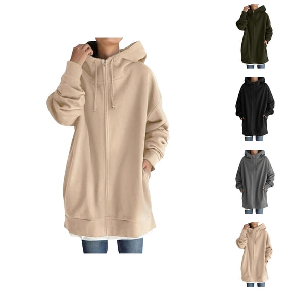 Long Zip Up Hoodie Jacket for Women Fall Winter Long Sleeve Plain Hooded Sweatshirt Jacket with Pockets Coat Outerwear
