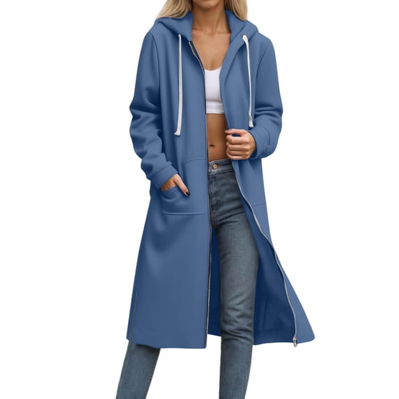 Long Zip Up Hoodie Jackets with Pockets Womens Cotton Mid-weight Casual Mid Length Hooded Zipper Sweatshirt Coat (S, Blue)