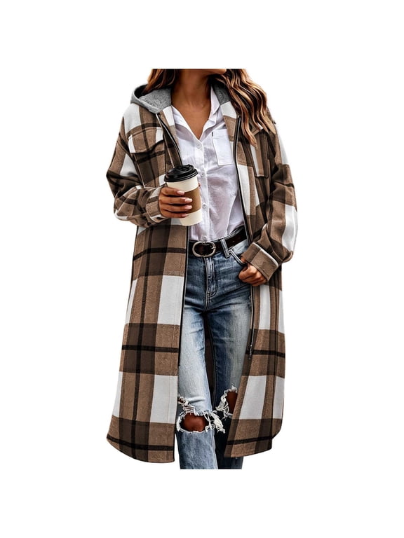 Long Zip Up Hoodie Women Plaid Jacket Flannel Shacket Fleece Hooded Coat