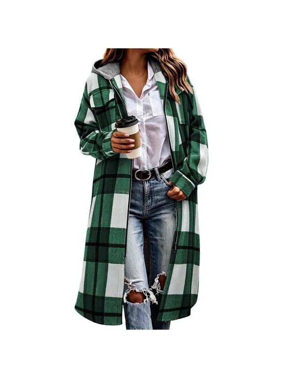 Long Zip Up Hoodie Women Plaid Jacket Flannel Shacket Fleece Hooded Coat