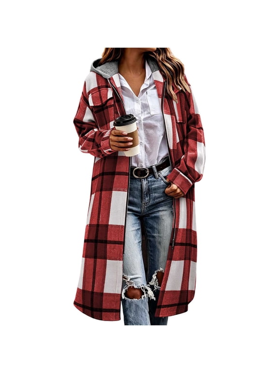 Long Zip Up Hoodie Women Plaid Jacket Flannel Shacket Fleece Hooded Coat